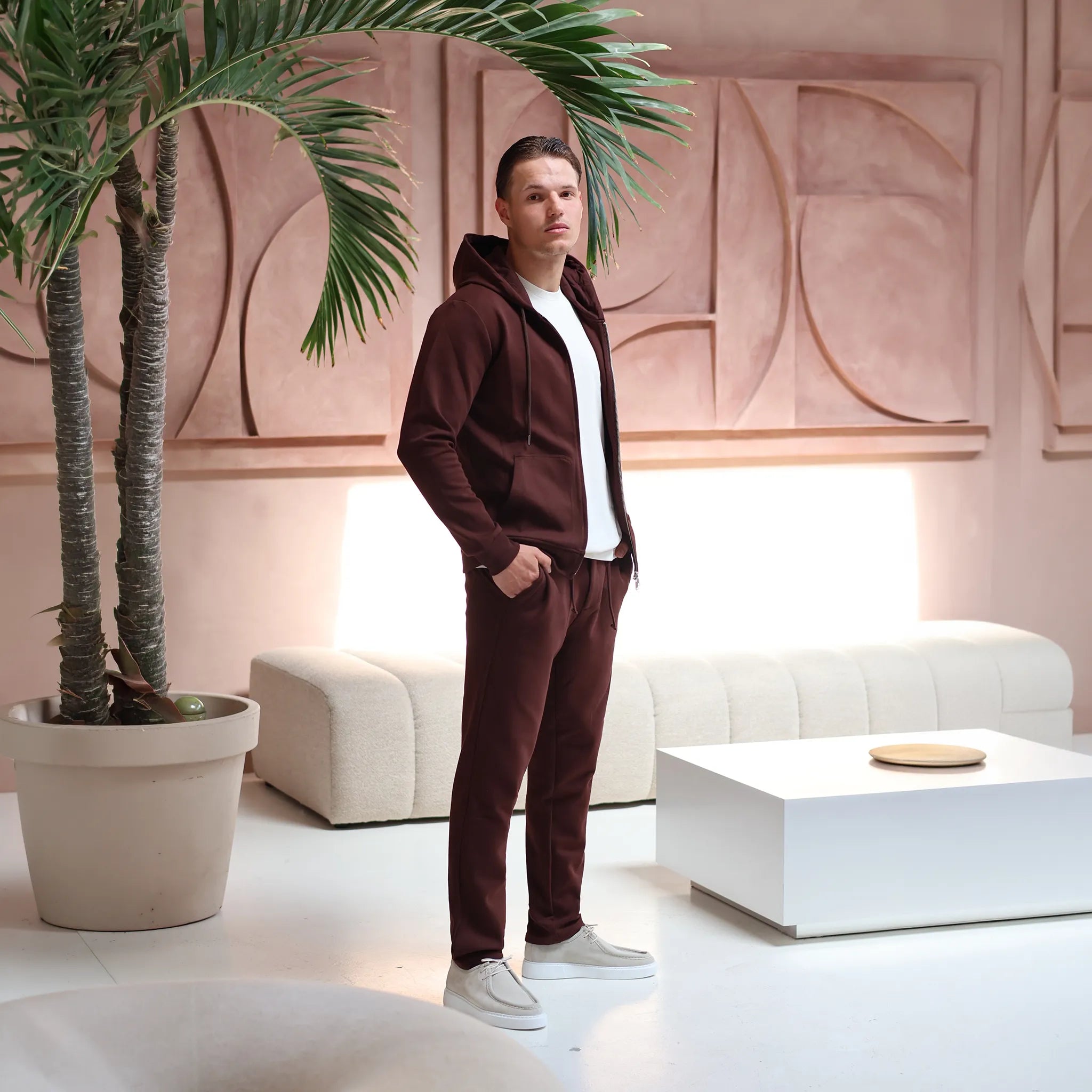 Front Side View of Be Gentle Sunday Essentials Dark Brown Zip-Up Hoodie